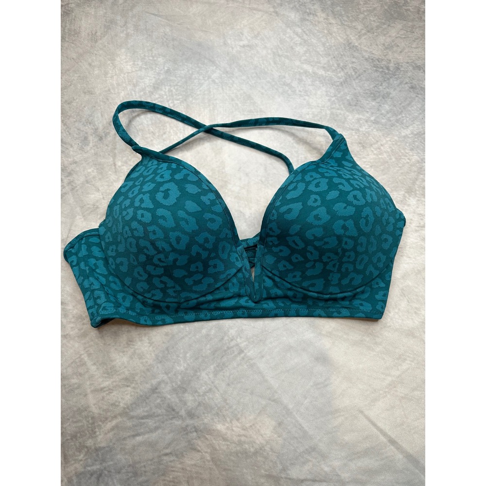 Shade & Shore Teal Leopard Print V-Wire Push Up Bikini Top 36B Green Anima Print